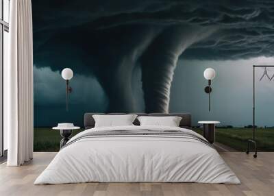 2 giant tornado cloud over a road with a yellow line, Wall mural