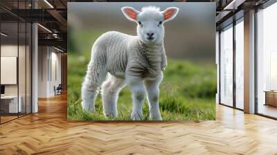  The image shows a fluffy white lamb standing in a green field. The lamb has large, round ears and a fluffy white coat. Wall mural