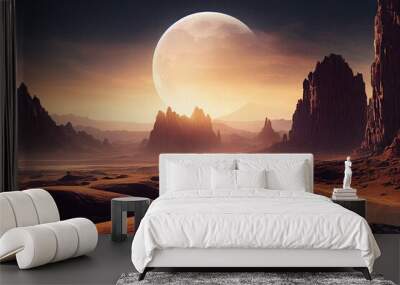 an alien planet landscape with a giant moon in the distance digital art illustration Wall mural