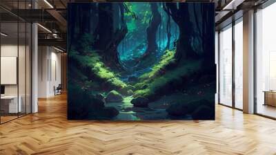 green fantasy forest in the night fantasy art, 2d game art Wall mural