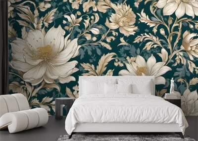 Detailed floral pattern with large white flowers and green leaves on a dark background, Generative AI. Wall mural