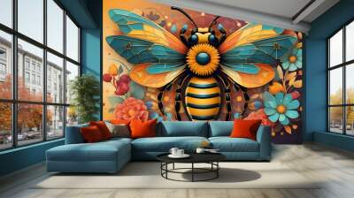 Detailed illustration of a bee with golden wings and black stripes, surrounded by flowers on a colorful background, Generative AI. Wall mural