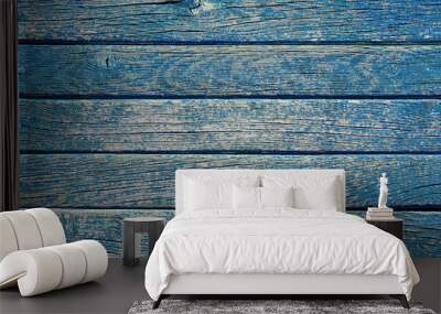 Blue bright colored grungy, weathered vintage wood background Wall mural