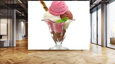 Vanilla, Strawberry and chocolate sundae ice cream cup and wafer isolated on white background Wall mural