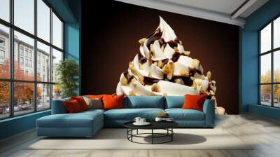 Whipped cream, frozen yogurt or soft ice cream with chocolate sauce and hazelnuts isolated on black background	 Wall mural