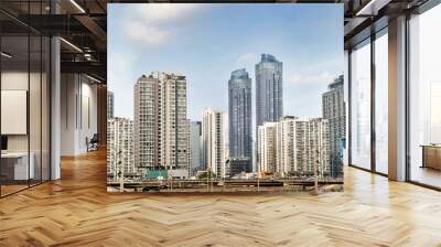 Modern building and business office and tower cityscape of Bangkok Thailand with highway road Wall mural