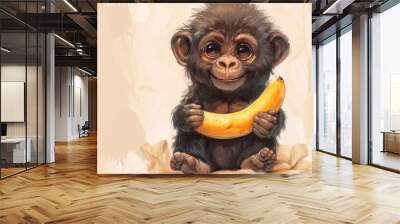 A baby monkey holding a banana Wall mural