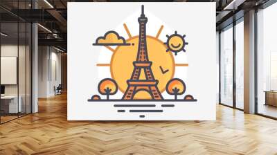 A cartoon drawing of the Eiffel Tower with a sun in the background Wall mural