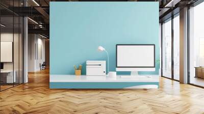 A computer desk with a monitor, keyboard, mouse, and a plant Wall mural