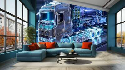 A digital twin showing the thermal management system of a long-haul electric truck, visualized on a dual-monitor setup. ar 16:9 --style raw Job ID: b3efb78e-5fd1-40ae-9a07-2ee295a851d0 Wall mural