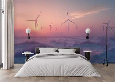 A field of wind turbines is shown in the snow Wall mural