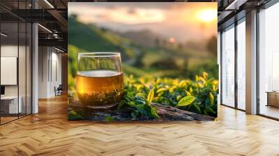 A glass of tea sits on a wooden table in front of a beautiful mountain range Wall mural