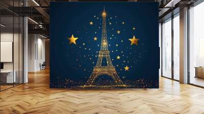 A golden Eiffel tower is surrounded by stars on a blue background Wall mural