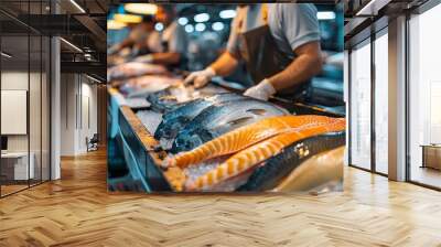 A man is cutting fish at a fish market Wall mural