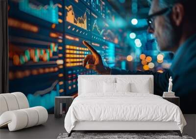 A man is pointing at a screen with a lot of numbers and graphs Wall mural