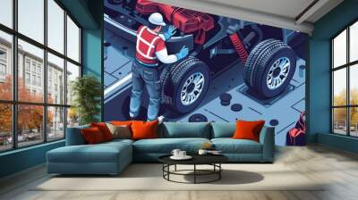 A man is working on a red car in a garage Wall mural