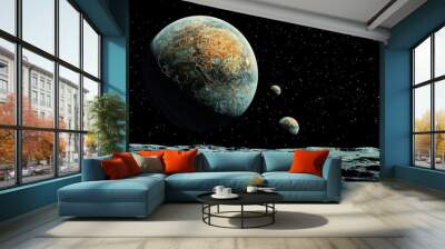 A planet with two moons is floating in space Wall mural