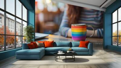 A rainbow mug sits on a wooden table in a room with a potted plant Wall mural