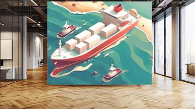 A red ship is in the water with two smaller boats behind it Wall mural