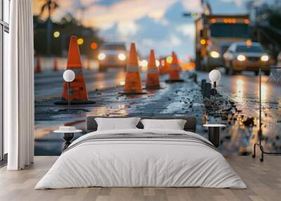 A road with a lot of orange cones and a car driving by Wall mural