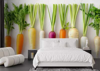 A row of carrots of different colors, including orange, yellow, and white Wall mural