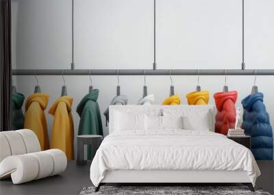 A row of colorful hoodies hanging on a rack Wall mural