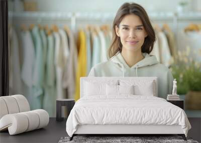 A woman stands in front of a rack of white clothes Wall mural