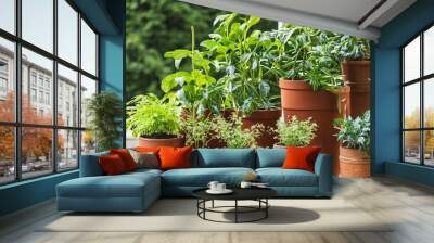 green plants in pots on wooden background Wall mural