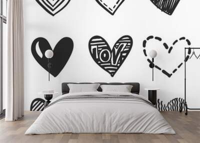 Set of hand drawn hearts. Vector design element for Valentine's day. Various design doodle hearts set. Monochrome hand drawn icons. Wall mural