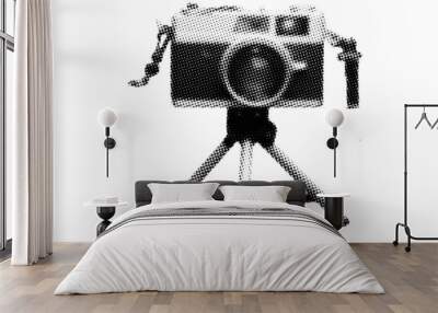 close up analog rangefinder camera with mini tripod pixelate black and white color halftone dotted texture style collage element Wall mural