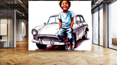 happy boy with car Wall mural