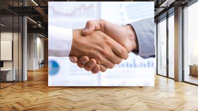 A businessman shaking hands over a stack of yearend contracts with financial charts in the background,   End of year deal ,  Business success Wall mural