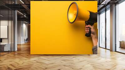 a hand is shown holding a megaphone against an yellow background, symbolizing communication or annou Wall mural