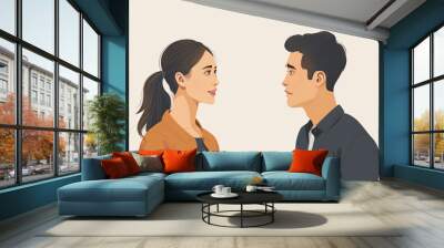 A visual representation of active listening, with one person leaning forward attentively while another speaks. Wall mural