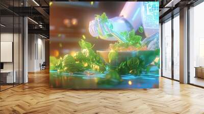 Ai robot preparing a fresh salad with vibrant ingredients in a futuristic kitchen Wall mural