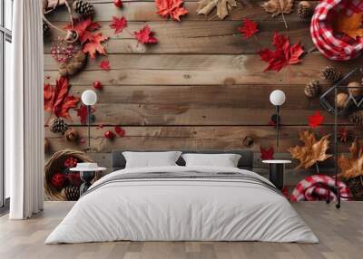 Canada Day celebration with maple leaves, Canadian flag, and traditional foods on a rustic wooden background Wall mural