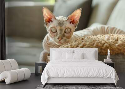 Devon rex cat relaxing indoors on sunlit sofa AI Wall mural