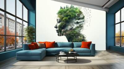 Double exposure of a girl's face in profile and forests with mountains and lakes. Ecology. Wall mural