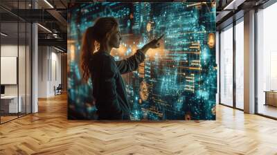 Female Analyst Interacts with a Virtual Data Interface Wall mural