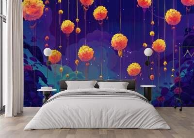 Fluorescent marigold flower curtain under moonlight on purple-blue background, digital art creating a magical, dreamlike atmosphere. Dia de los Muertos. Day of the Dead. AI Wall mural