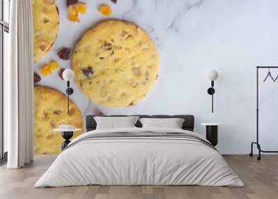 mixed fruit and nut shortbread cookies on white marble table background. Wall mural