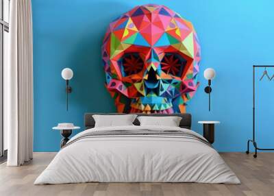 Geometric colorful skull artwork featuring vibrant triangular patterns on a solid background, embodying modern abstract art. ai Wall mural