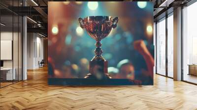 Glowing victory trophy on stage celebrates success amidst vibrant colors and applause AI Wall mural