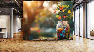 gratitude jar with notes of appreciation, tree with leaves expressing thankfulness, board with messages from community. cultivate joy, abundance, positive relationships in daily life. Wall mural