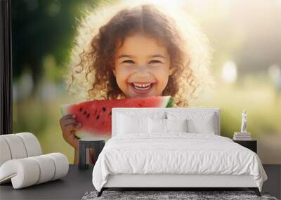 joyful little girl eats watermelon in nature and smiles. Summer. Wall mural