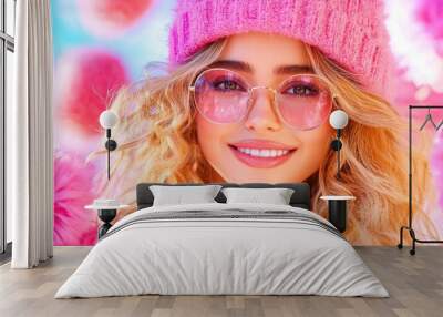 Joyful young woman in pink winter attire with glasses and curly hair Wall mural