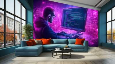 Man coding in futuristic neon environment with digital technologies Wall mural