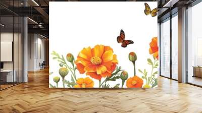 Orange flowers and butterflies on a white background, in a vibrant garden illustration. ai Wall mural