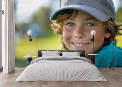 Showcase the joy of learning and skill development with a happy Caucasian boy at a golfing training lesson, looking at the camera with determination and enthusiasm on a golf course. Wall mural