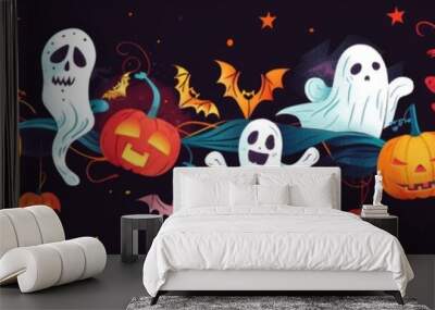 Spooky halloween banner with ghosts, pumpkins, and bats for festive decor. AI Wall mural